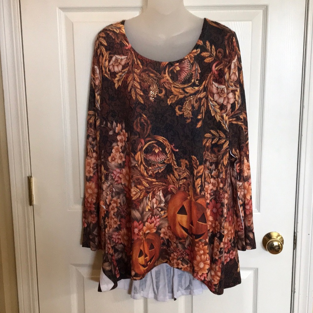 One World Harvest/ Thanksgiving embellished sweater knit bustle back top 1x